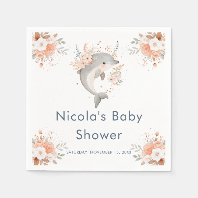 Cute Floral Dolphin  Baby Shower Serviette (Vorderseite)