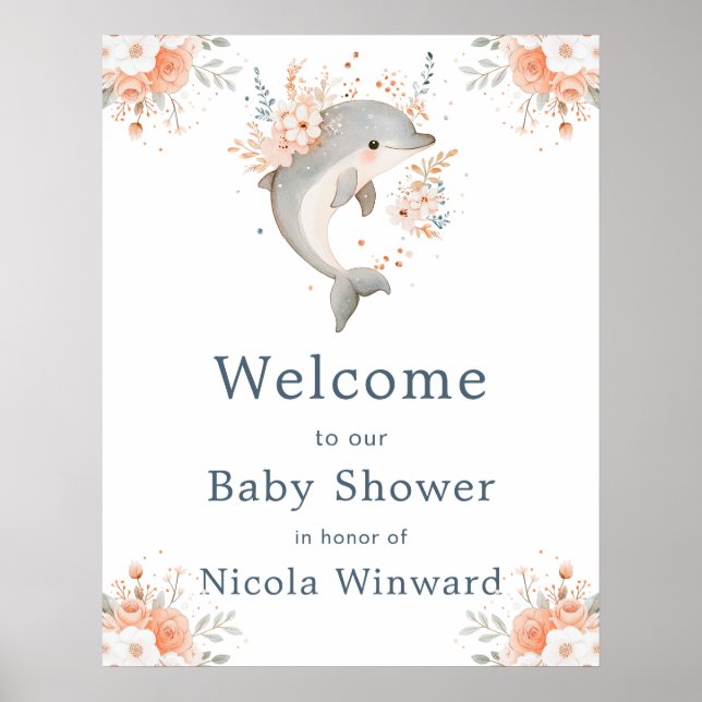 Cute Floral Dolphin Baby Shower Welcome Poster (Vorne)