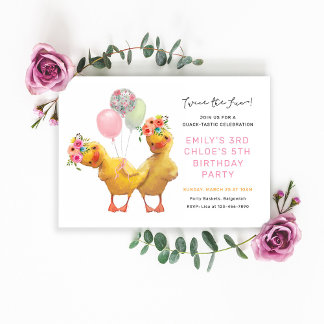 Cute Floral Ducks Joint Birthday Party Einladung