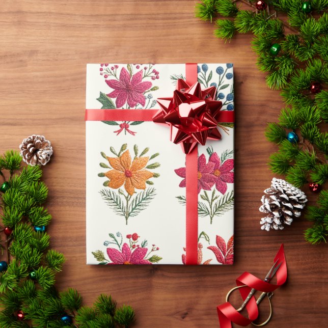 Cute Floral Folk Christmas Geschenkpapier (Feiertagsgeschenk)