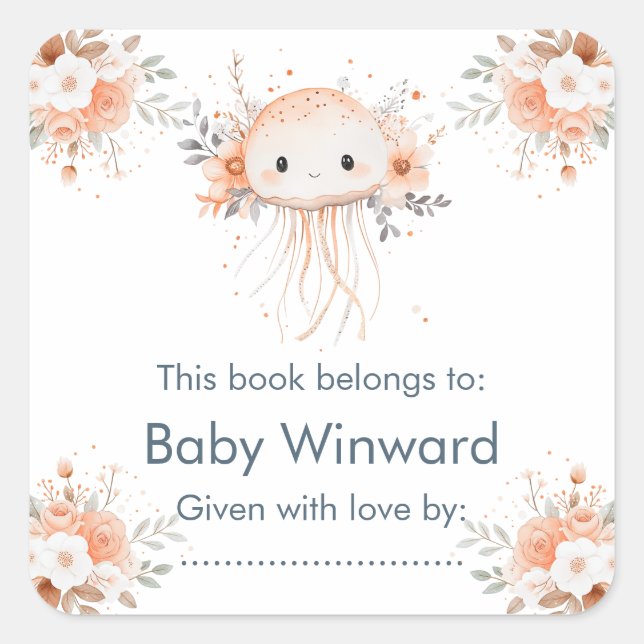 Cute Floral Jellyfish Baby Shower  Quadratischer Aufkleber (Vorderseite)