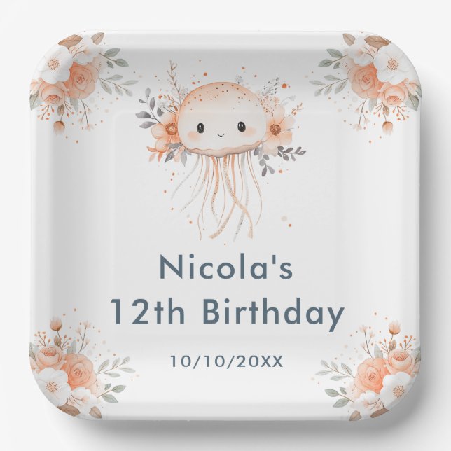 Cute Floral Jellyfish Birthday Party Pappteller (Vorderseite)