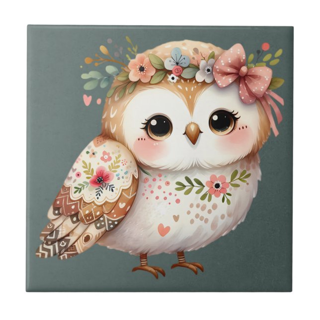 Cute Floral Owl with Bow Fliese (Vorderseite)