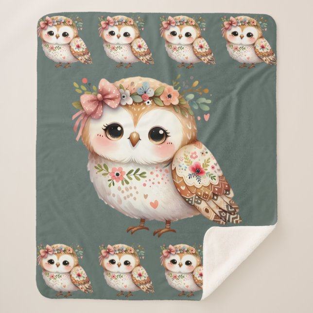 Cute Floral Owl with Bow Sherpadecke (Vorderseite)