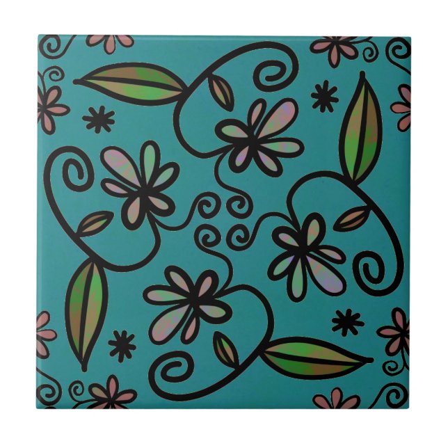 Cute Floral Pattern Teal Fliese (Vorderseite)