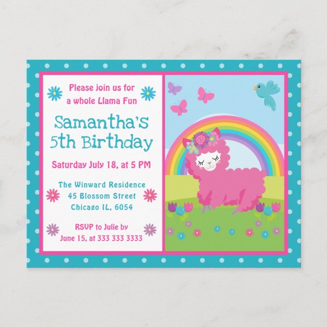 Cute Floral Pink Rainbow Llama Birthday Postkarte (Vorderseite)