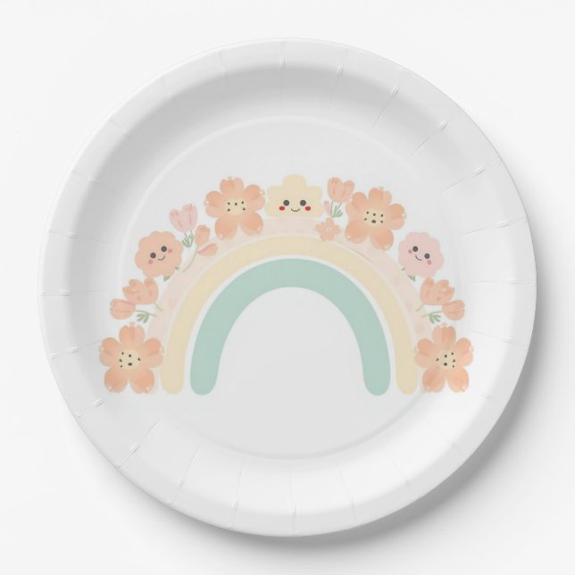 Cute Floral Rainbow Smiles Pastel Birthday Pappteller (Vorderseite)