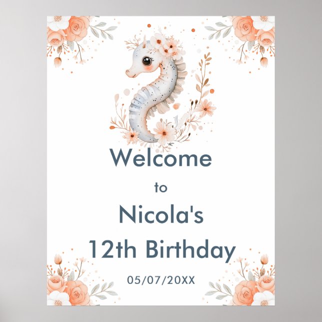 Cute Floral Seahorse Birthday Party Welcome Poster (Vorne)