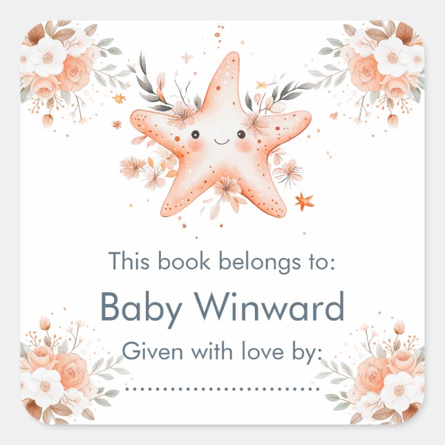 Cute Floral Starfish Baby Shower Quadratischer Aufkleber (Vorderseite)