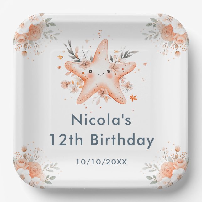 Cute Floral Starfish Birthday Party Pappteller (Vorderseite)
