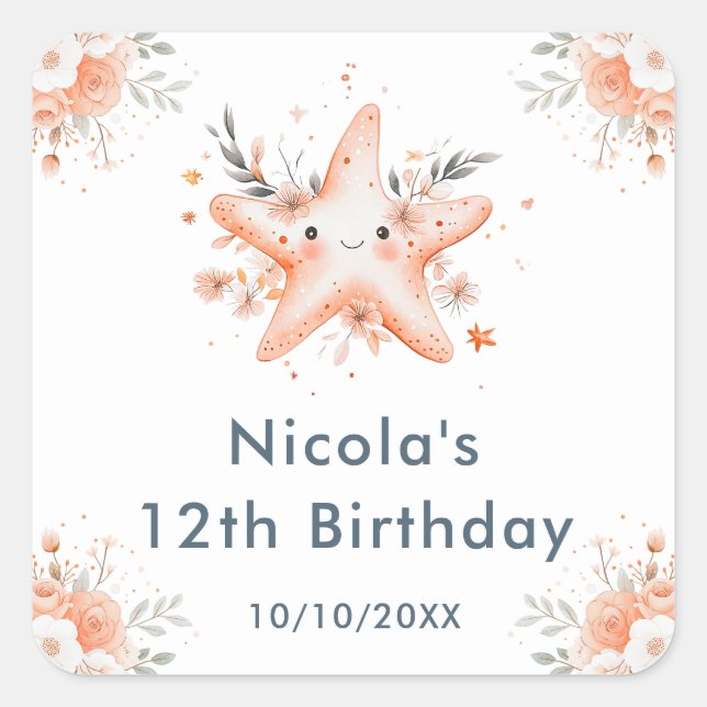 Cute Floral Starfish Birthday Party Quadratischer Aufkleber (Vorderseite)