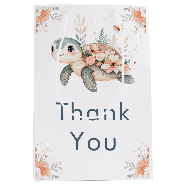 Cute Floral Turtle Baby Shower Mittlere Geschenktüte (Vorderseite)