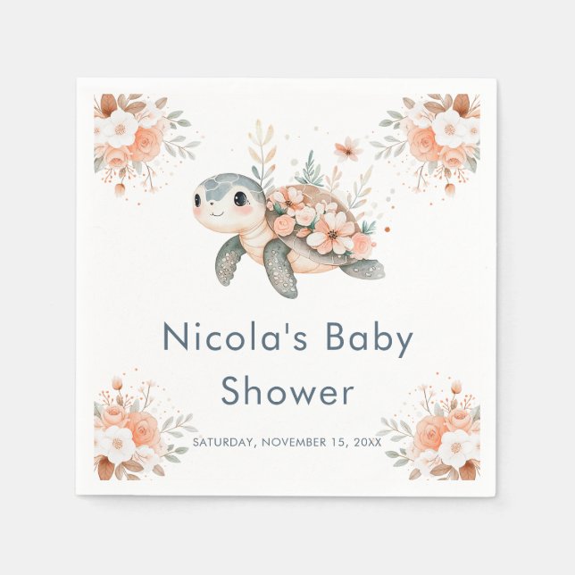 Cute Floral Turtle Baby Shower Serviette (Vorderseite)