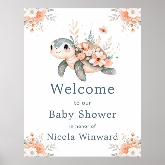 Cute Floral Turtle Baby Shower Welcome Poster (Vorne)