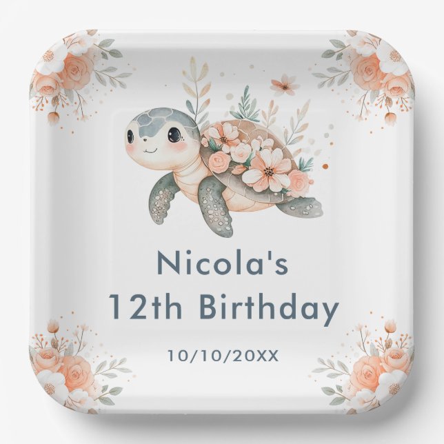 Cute Floral Turtle Birthday Party Pappteller (Vorderseite)