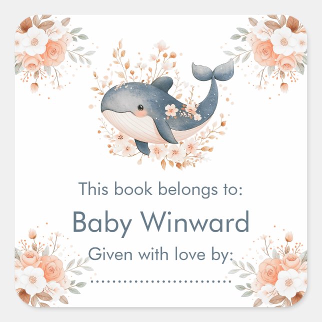 Cute Floral Whale Baby Shower  Quadratischer Aufkleber (Vorderseite)