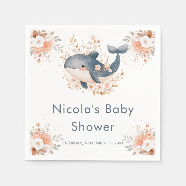 Cute Floral Whale Baby Shower Serviette (Vorderseite)