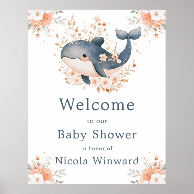Cute Floral Whale Baby Shower  Welcome Poster (Vorne)