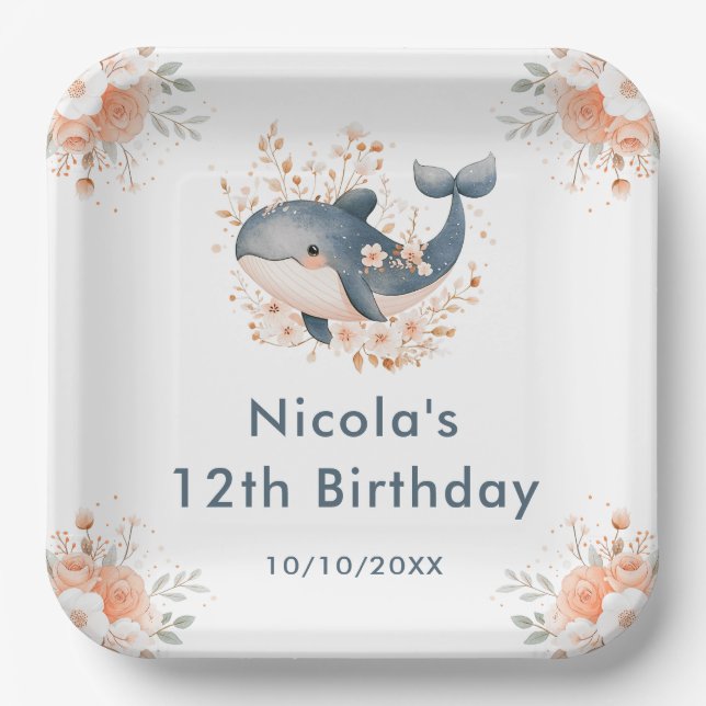 Cute Floral Whale Birthday Party Pappteller (Vorderseite)