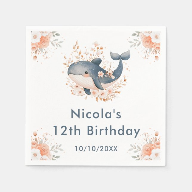 Cute Floral Whale Birthday Party Serviette (Vorderseite)
