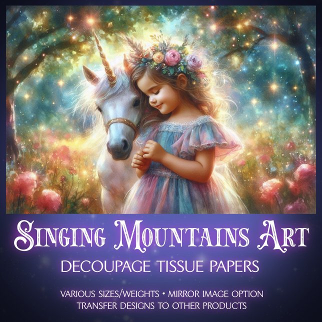 Cute Flower Girl and Unicorn In Forest Decoupage  Seidenpapier (Von Creator hochgeladen)