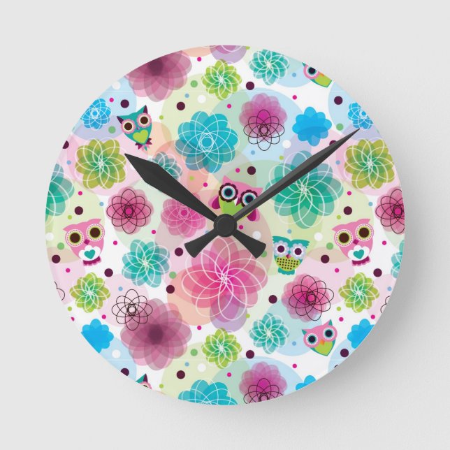Cute flower owl background pattern runde wanduhr (Vorderseite)
