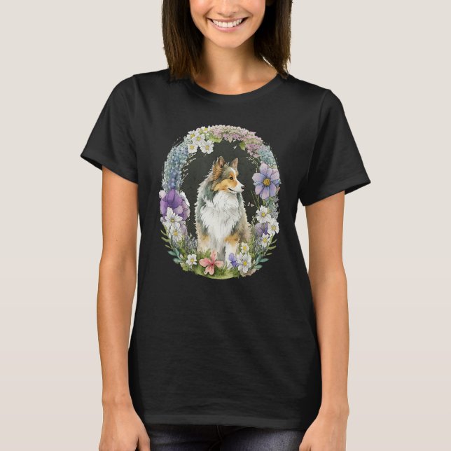 Cute Flower Sheltie summer Floral Shetland Sheepdo T-Shirt (Vorderseite)