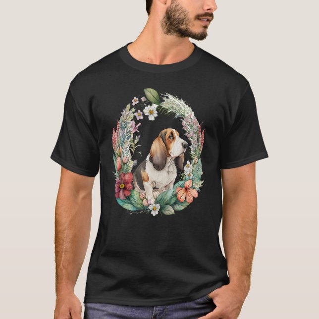 Cute Flower summer Floral Basset Hound T-Shirt (Vorderseite)