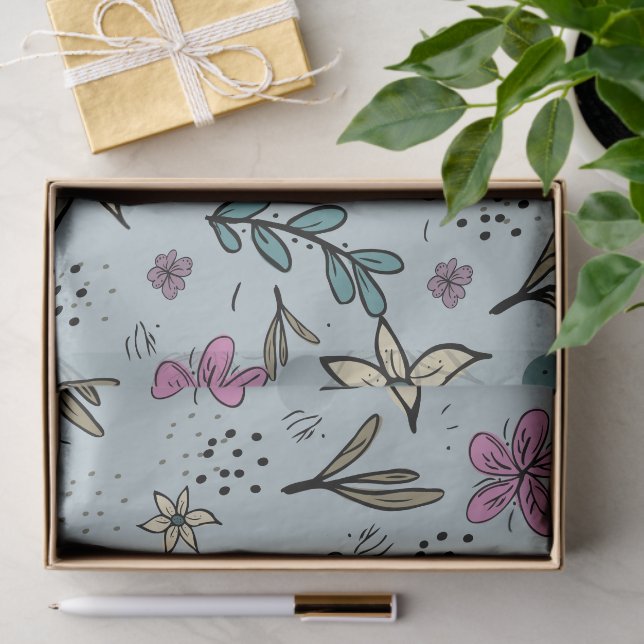 Cute Flowers and Leaves illustrated Pattern Blue Seidenpapier (Geschenk)