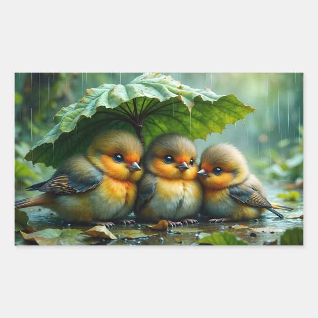 Cute fluffy birds in rain rechteckiger aufkleber (Vorderseite)