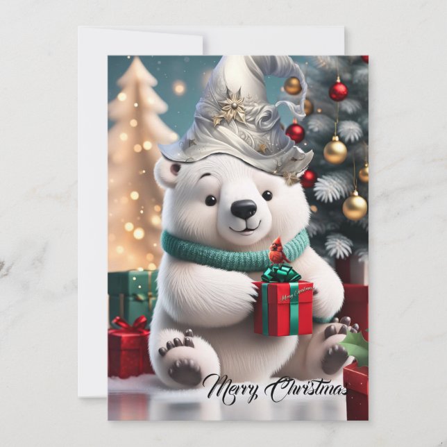 Cute fluffy christmas polar bear  with gift.  feiertagskarte (Vorderseite)