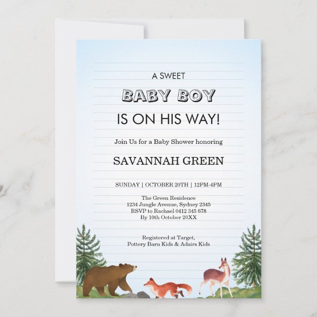 Cute Forest Animals Baby Boy Shower Design Einladung (Vorderseite)