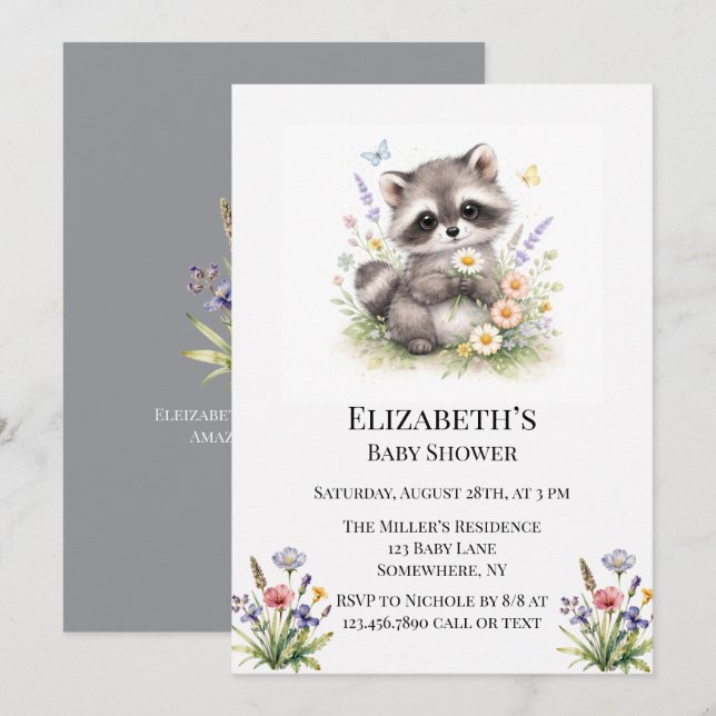 Cute Forest Baby Raccoon Baby Shower Einladung (Vorne/Hinten)