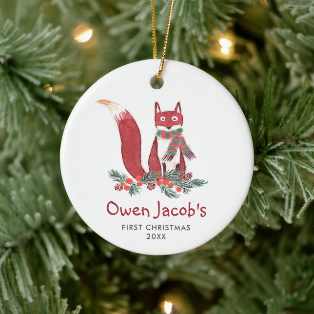Cute Forest Fox Personalized Baby's 1st Christmas Keramik Ornament (Baum)