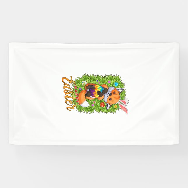 Cute Fox Bunny Ears Happy Easter Fox with Easter E Banner (Horizontal)