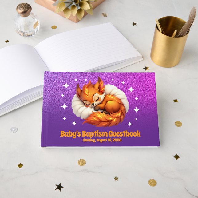 Cute Fox Cub Asleep in Starry Sky Baptism Gästebuch (Vorderseite Offen)