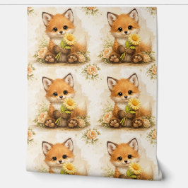 Cute Fox Flower Pattern Wallpaper Nursery Tapete