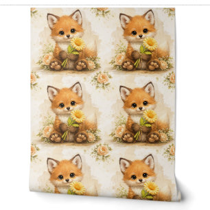 Cute Fox Flower Pattern Wallpaper Nursery Tapete