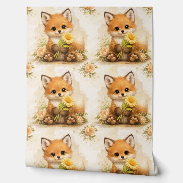 Cute Fox Flower Pattern Wallpaper Nursery Tapete (Abrollen)