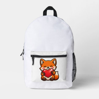 Cute Fox Heart Backpack – Kawaii Fox with Red Hear Bedruckter Rucksack