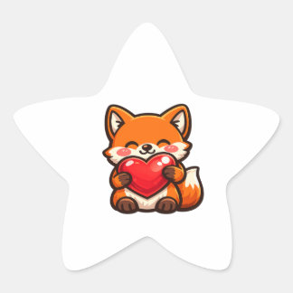 Cute Fox Heart – Kawaii Fox Hugging Red Heart, Cut Stern-Aufkleber