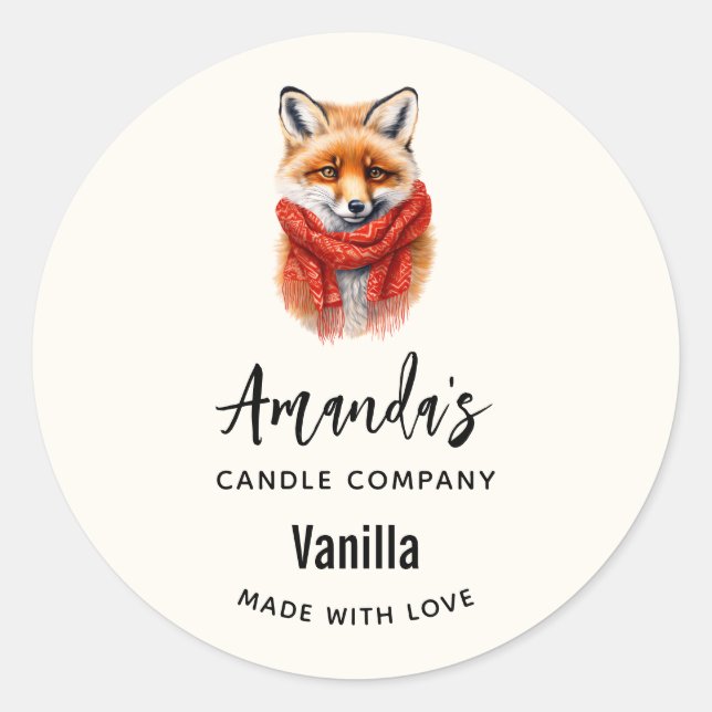 Cute Fox in a Red Scarf Autumn Candle Business Runder Aufkleber (Vorderseite)