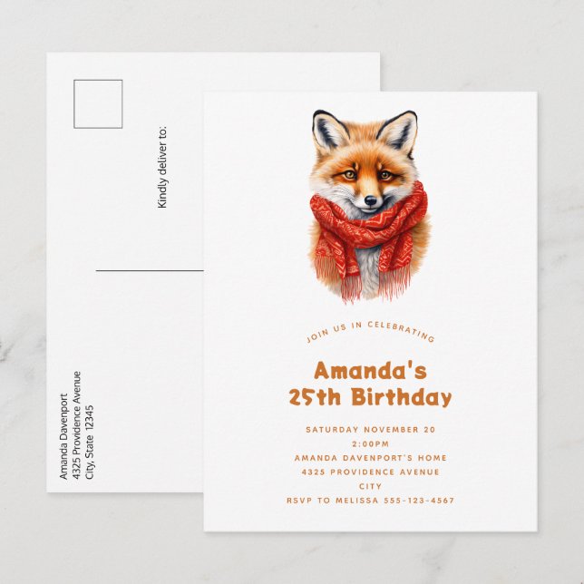 Cute Fox in a Red Scarf Autumn Image Birthday Einladungspostkarte (Vorne/Hinten)