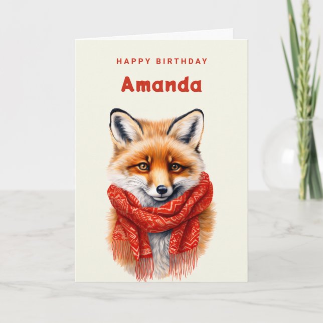 Cute Fox in a Red Scarf Autumn Image Birthday Karte (Vorderseite)