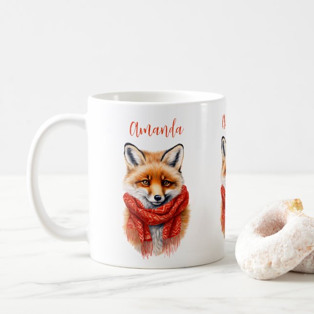 Cute Fox in a Red Scarf Autumn Image Kaffeetasse (Mit Donut)
