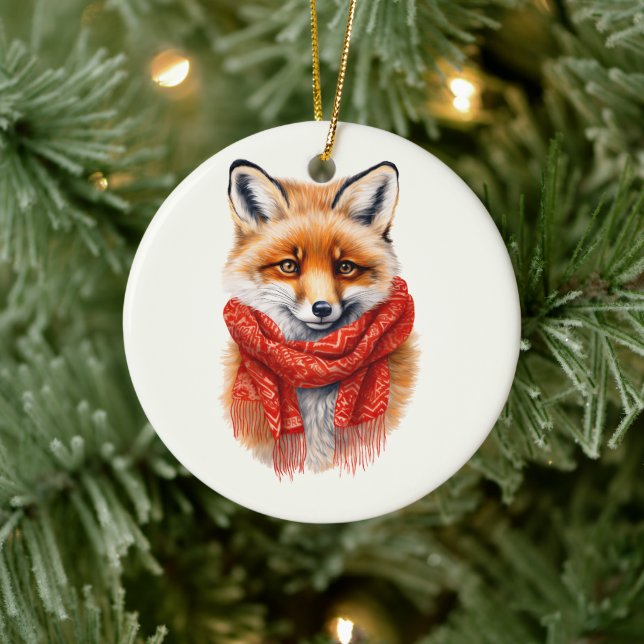 Cute Fox in a Red Scarf Autumn Image Keramik Ornament (Baum)