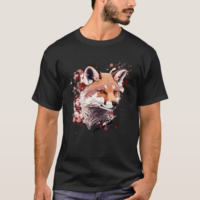 Cute Fox Japanese  Cherry Blossom Flower Artwork T-Shirt (Vorderseite)