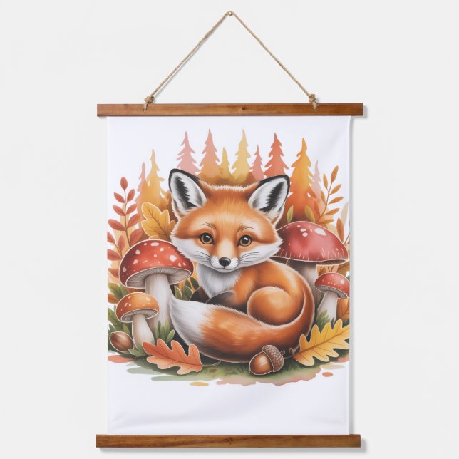 Cute fox mushrooms woodland  wandteppich mit holzrahmen (Vorderseite)
