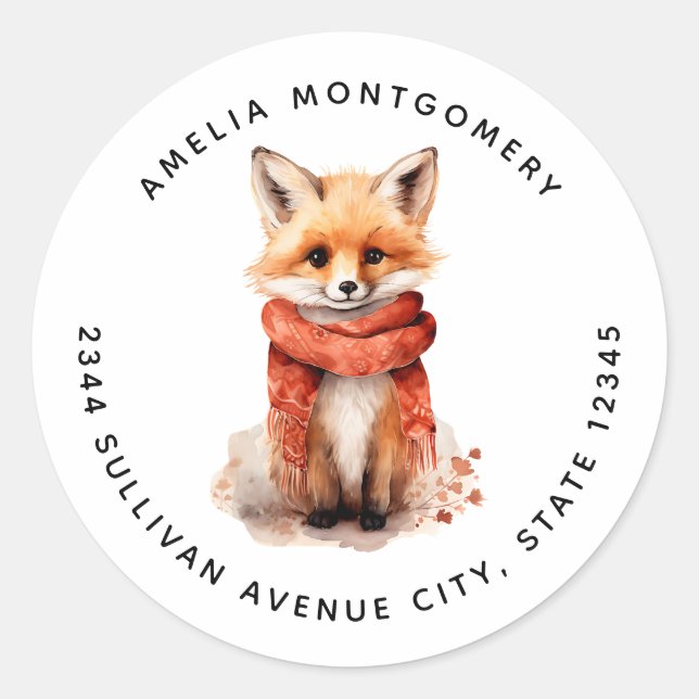 Cute Fox Pup in a Red Scarf - Address Runder Aufkleber (Vorderseite)