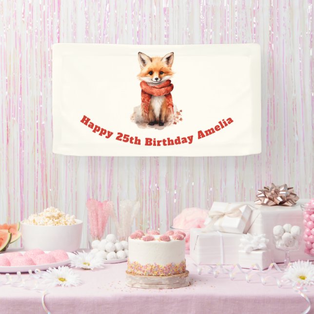 Cute Fox Pup in a Red Scarf Birthday Banner (Party)
